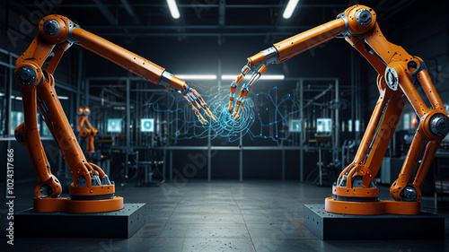 Futuristic industry technology: Robotic arms build neural networks in a virtual environment, showcasing the transformative power of AI in Industry 4.0. Generated ai photo