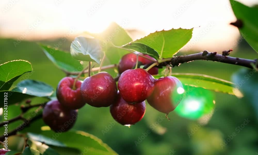 Close-up of ripe red cherries on a branch in a field, with a blurred background of green hills and sun shining. Close-up of ripe red cherries on a branch in a field, with a blurred background of green hills and sun shining.