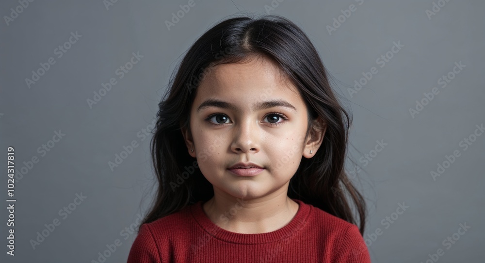 Child Latina girl with high cheekbones and thick dark hair thoughtful soft gray background Child Latina girl with high cheekbones and thick dark hair thoughtful soft gray background
