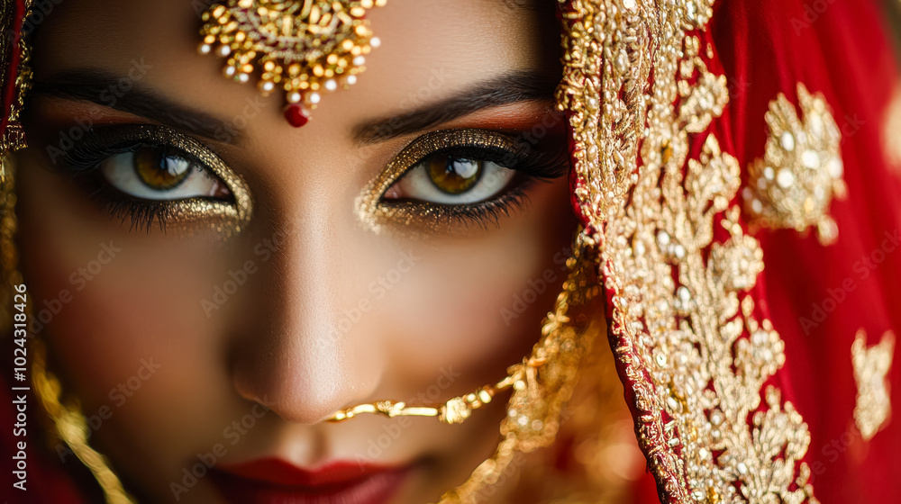 A mesmerizing portrait of a bride's eyes adorned with intricate, glittering gold eyeshadow A mesmerizing portrait of a bride's eyes adorned with intricate, glittering gold eyeshadow