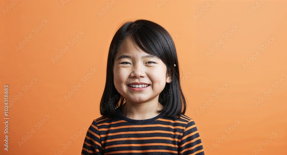 Kid Asian girl with soft features and straight black hair smirking warm orange background Kid Asian girl with soft features and straight black hair smirking warm orange background