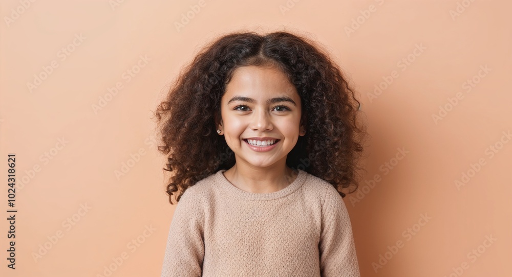 Kid Latina girl with bright smile and thick brown hair neutral face warm peach background Kid Latina girl with bright smile and thick brown hair neutral face warm peach background