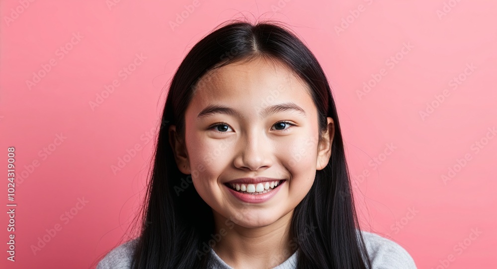 Teen Asian girl with round face and long black hair smiling soft pink background Teen Asian girl with round face and long black hair smiling soft pink background