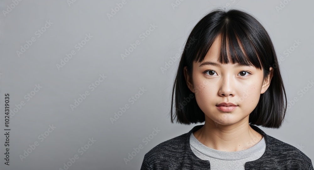 Teen Asian girl with round face and short black hair neutral face soft gray background Teen Asian girl with round face and short black hair neutral face soft gray background