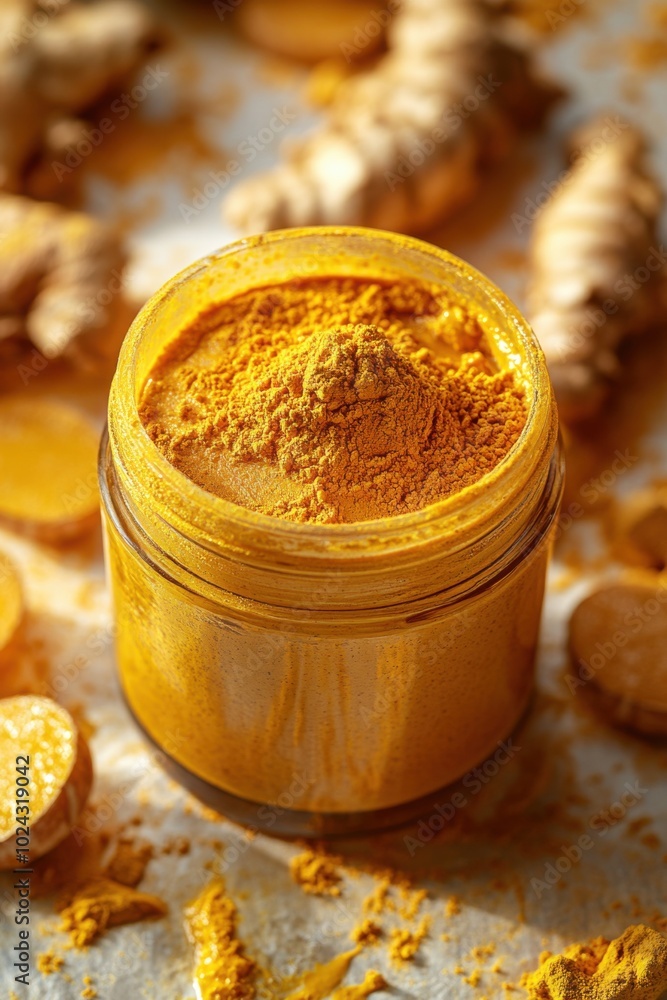 Ultra-wide angle of a turmeric clay mask in a frosted glass jar, warm cream backdrop, soft focus, earthy tones.