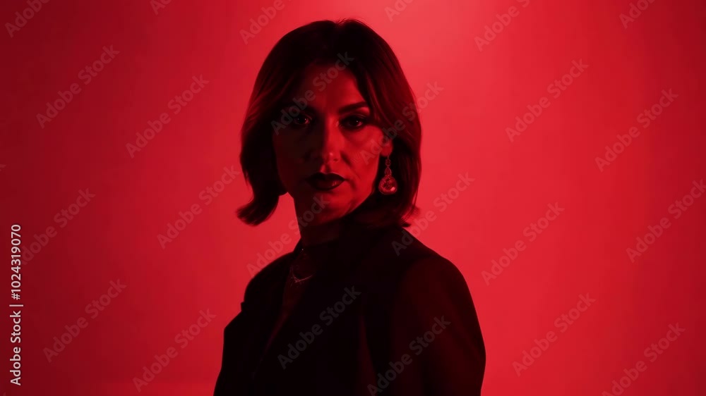 Portrait of woman in red light with elegant earrings and short hair Portrait of woman in red light with elegant earrings and short hair