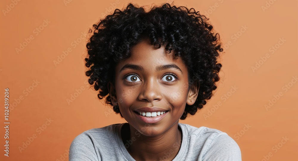 Teen Black girl with wide eyes and short curly hair relaxed warm orange background Teen Black girl with wide eyes and short curly hair relaxed warm orange background