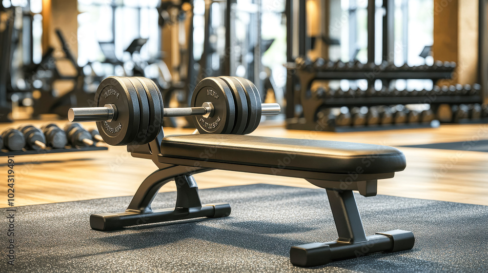 Fototapeta premium A pair of heavy dumbbells resting on a workout bench in a clean and modern gym