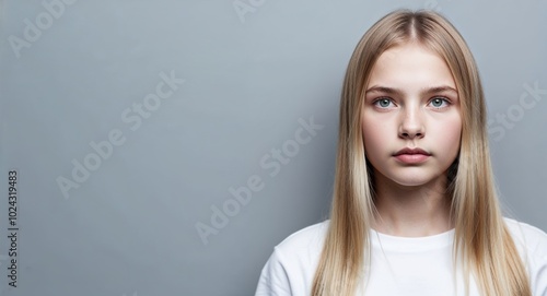 Teen white girl with angular face and straight blonde hair focused light gray background