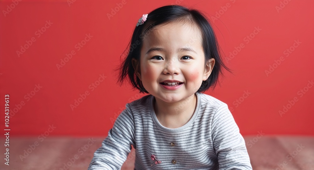 Toddler Asian girl with delicate cheeks and short black hair smiling pale red background Toddler Asian girl with delicate cheeks and short black hair smiling pale red background