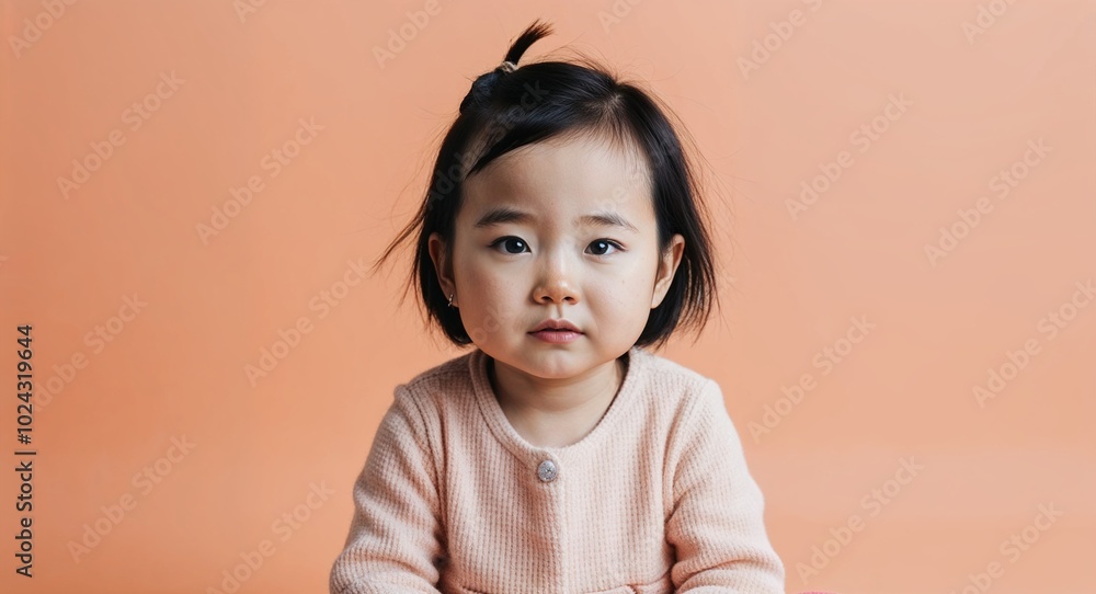 Toddler Asian girl with small nose and short black hair thoughtful soft peach background Toddler Asian girl with small nose and short black hair thoughtful soft peach background