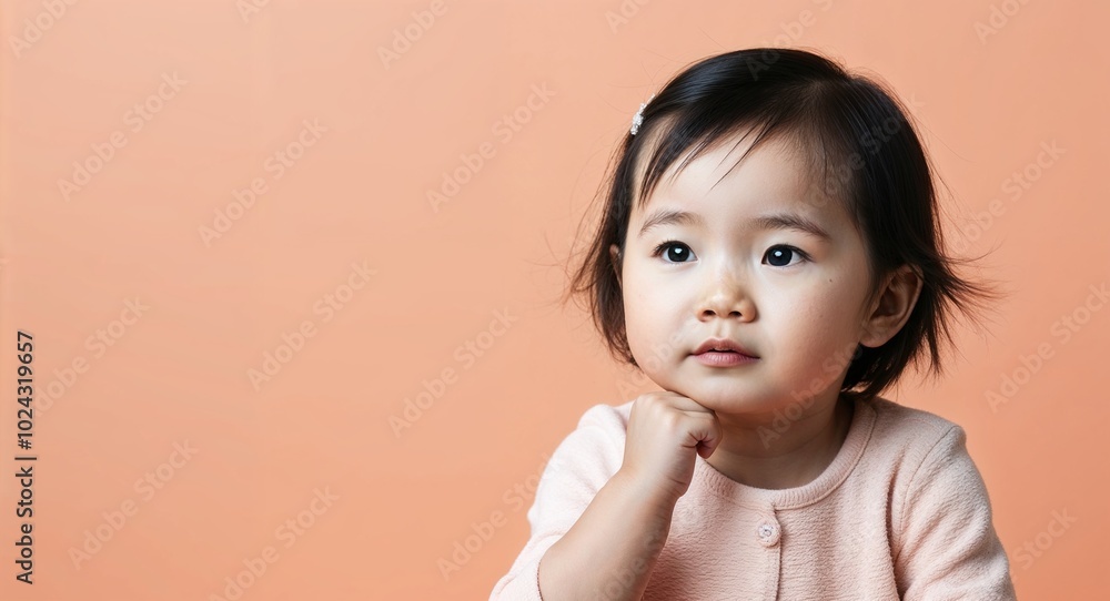 Toddler Asian girl with small nose and short black hair thoughtful soft peach background Toddler Asian girl with small nose and short black hair thoughtful soft peach background