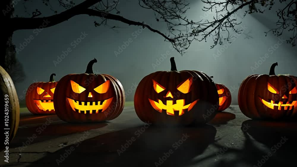Tracking video of halloween jack-o-lanterns with key light, in a dimly lit neighborhood Tracking video of halloween jack-o-lanterns with key light, in a dimly lit neighborhood