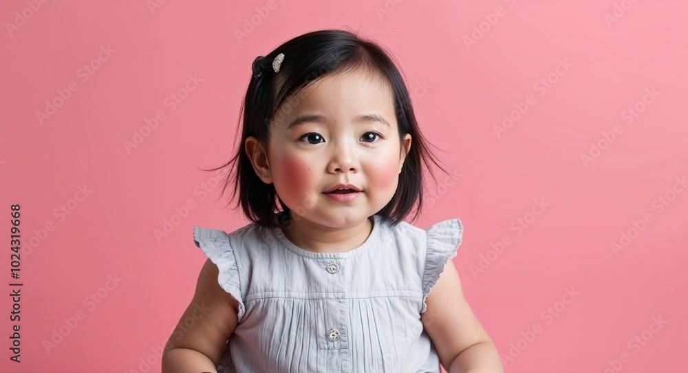 Toddler Asian girl with soft cheeks and straight black hair curious pale pink background Toddler Asian girl with soft cheeks and straight black hair curious pale pink background