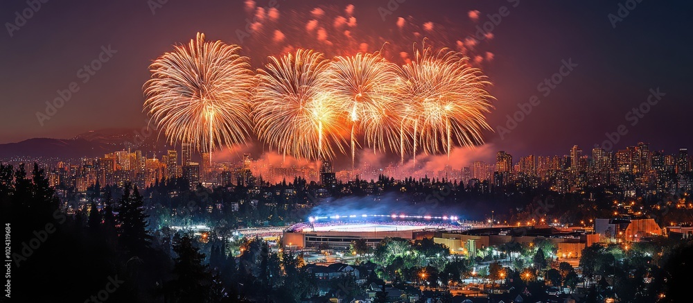 Fototapeta premium Fireworks display over a cityscape at night.