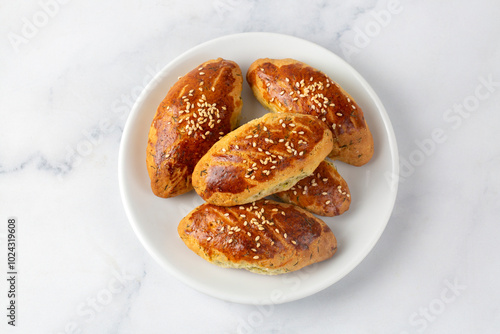 Delicious Turkish food; dill cheese pastry, Turkish name; dere otlu peynirli pogaca photo