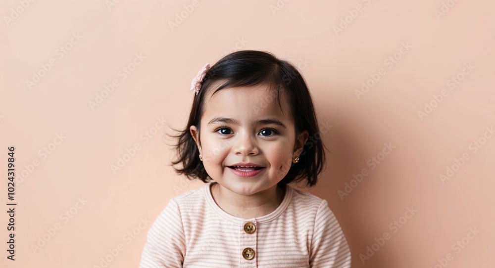 Toddler Latina girl with round cheeks and short dark hair happy light peach background Toddler Latina girl with round cheeks and short dark hair happy light peach background
