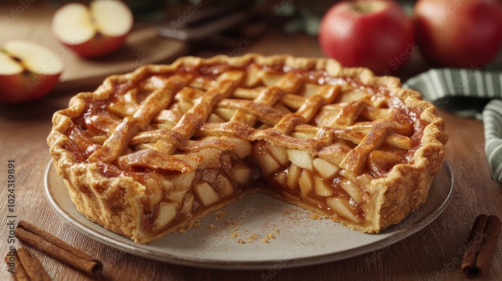 Delicious homemade apple pie with a flaky crust, warm cinnamon aroma, and fresh apple slices. Delicious homemade apple pie with a flaky crust, warm cinnamon aroma, and fresh apple slices.