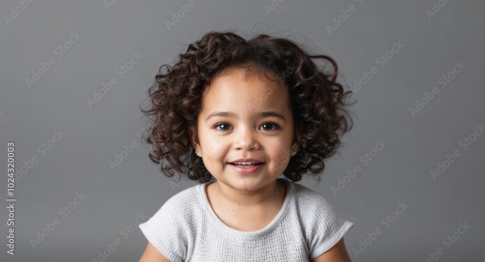 Toddler mixed race girl with round face and curly brown hair playful soft gray background Toddler mixed race girl with round face and curly brown hair playful soft gray background