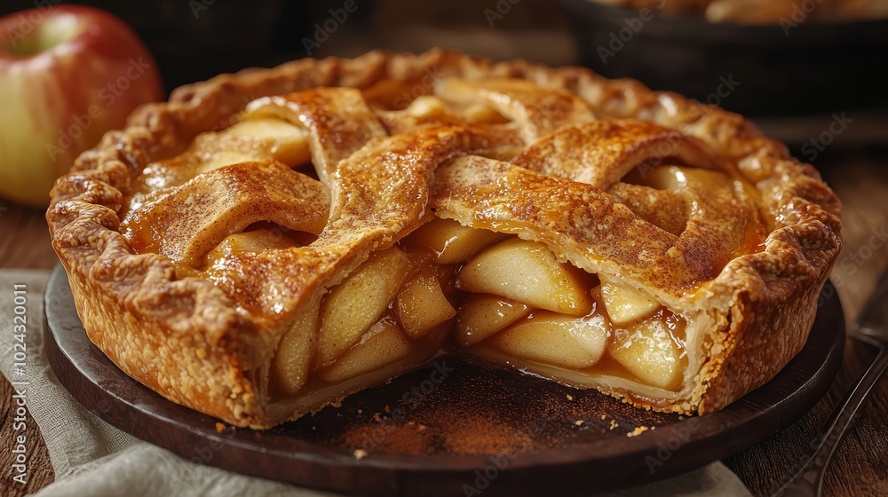 Delicious golden apple pie with a flaky crust, freshly baked and ready to serve. Delicious golden apple pie with a flaky crust, freshly baked and ready to serve.