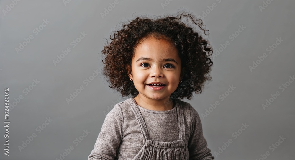 Toddler mixed race girl with round face and curly brown hair playful soft gray background Toddler mixed race girl with round face and curly brown hair playful soft gray background