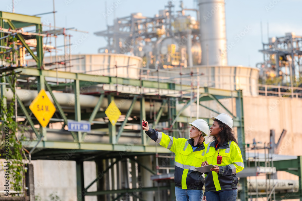 Engineers Inspecting Industrial Facility: Safety, Construction, and Project Management in a Manufacturing Plant Engineers Inspecting Industrial Facility: Safety, Construction, and Project Management in a Manufacturing Plant