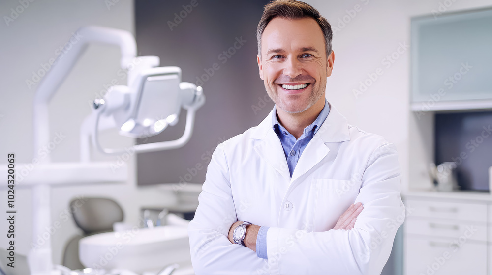 A professional dentist with a warm smile, standing confidently in a modern dental clinic A professional dentist with a warm smile, standing confidently in a modern dental clinic
