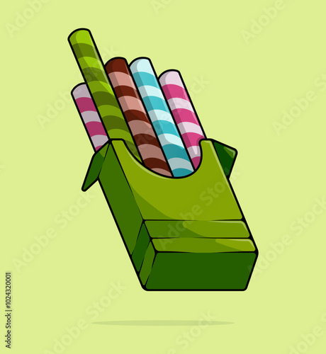 cartoon illustration of Biscuit straws with various flavors such as chocolate, matcha, strawberry and vanilla mint come out of the green color package box. can be used for menu, cover, cafe, poster