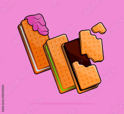 cartoon illustration of ice cream sandwich with vanilla biscuit with cream filling of matcha chocolate vanilla flavor and coated with melted strawberry pink chocolate. can be used for poster or cover