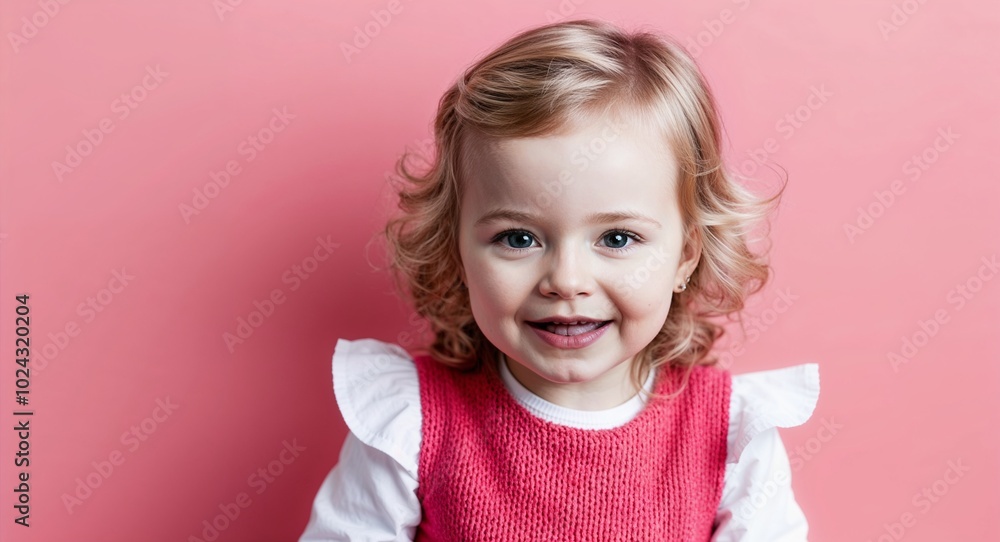 Toddler white girl with small smile and wavy blonde hair curious light pink background Toddler white girl with small smile and wavy blonde hair curious light pink background