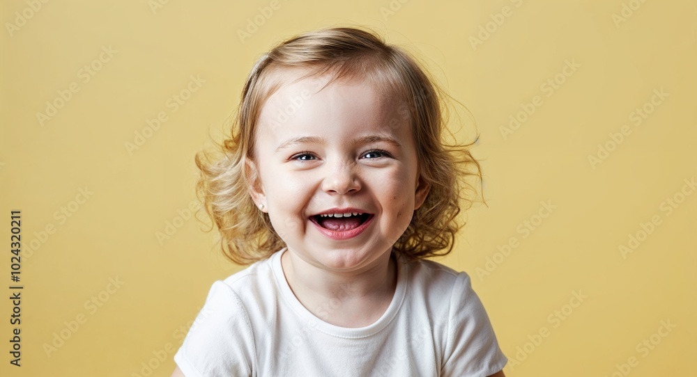 Toddler white girl with small smile and wavy blonde hair curious light pink background Toddler white girl with small smile and wavy blonde hair curious light pink background