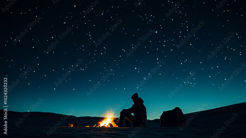 A solitary figure enjoying a fire under a starry sky on the winter solstice night A solitary figure enjoying a fire under a starry sky on the winter solstice night