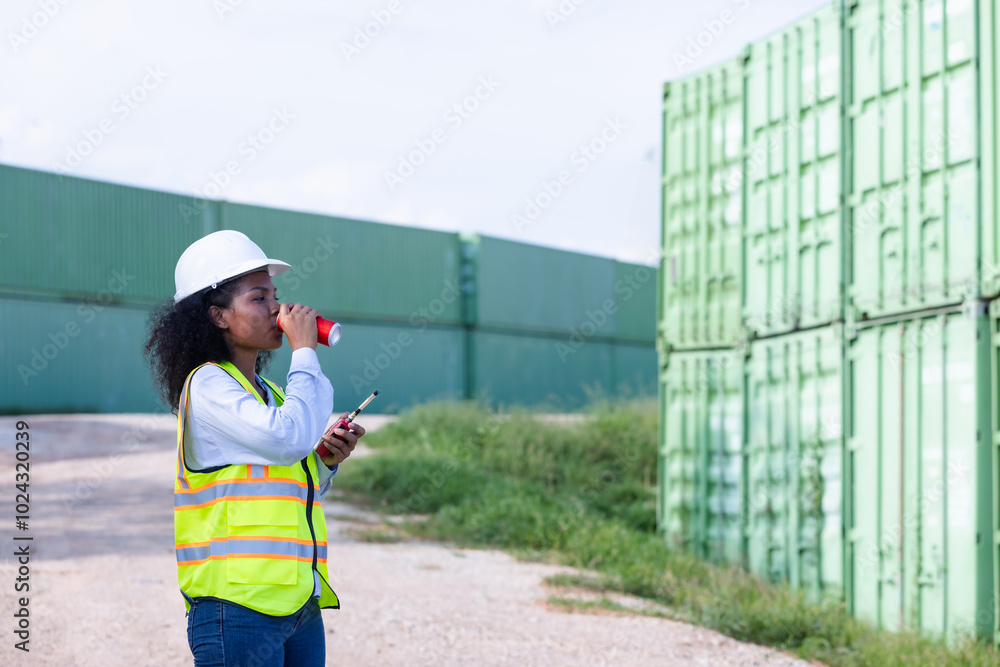 Female Worker Drinking Water at Container Yard: Hydration, Safety, and Logistics Coordination in the Field Female Worker Drinking Water at Container Yard: Hydration, Safety, and Logistics Coordination in the Field