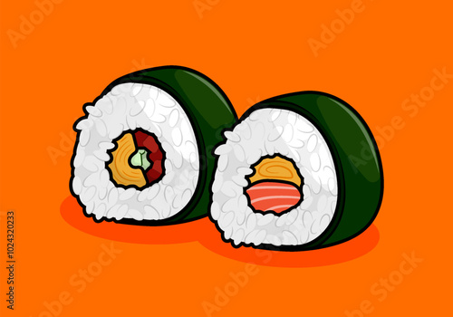 illustration of sushi rolls with nori seaweed in line art style. Can be used for restaurants, cafes, local street food, cookbook menu covers