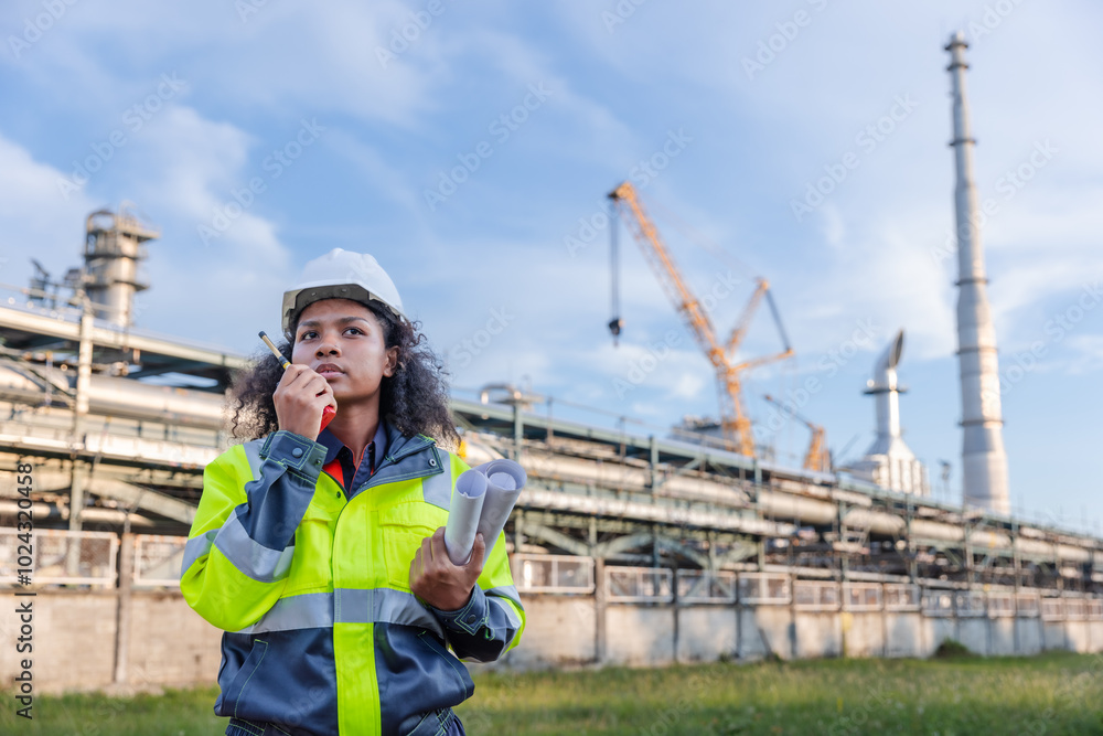 custom made wallpaper toronto digitalFemale Engineer Communicating on Walkie-Talkie: Field Inspection, Safety, and Planning at Industrial Construction Site