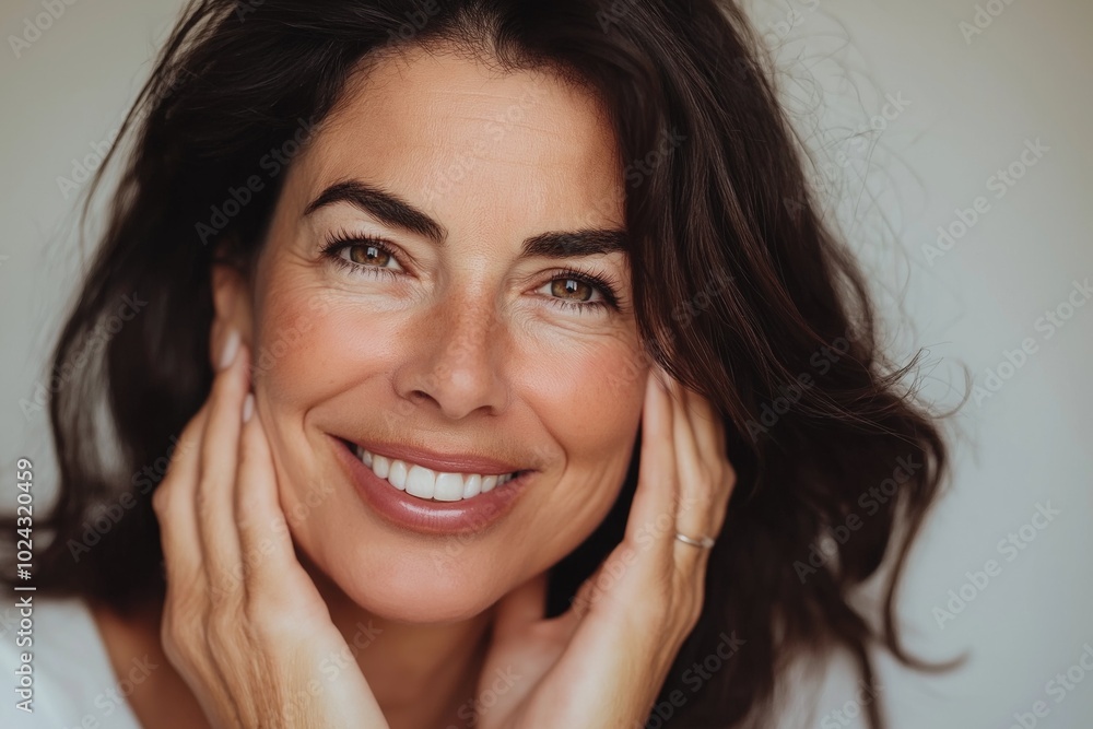 Gorgeous middle aged brunette 40th 50th pretty with good skincare mature woman enjoying her age and glowing healthy skin aging gracefully Gorgeous middle aged brunette 40th 50th pretty with good skincare mature woman enjoying her age and glowing healthy skin aging gracefully