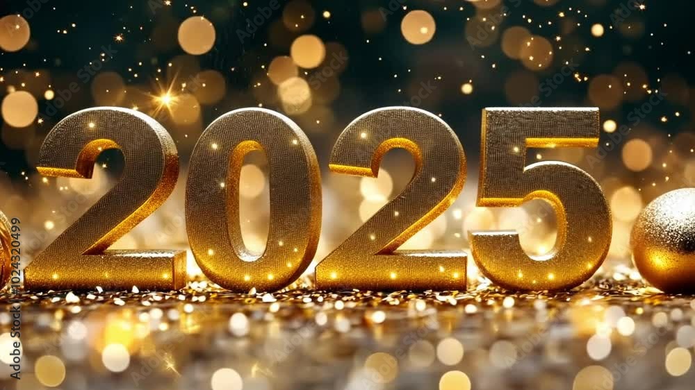 Golden glitter numbers for the year 2025 are sparkling on a blurred background with gold bokeh, creating a festive atmosphere for new year's eve. Merry Christmas and New Year! Golden glitter numbers for the year 2025 are sparkling on a blurred background with gold bokeh, creating a festive atmosphere for new year's eve. Merry Christmas and New Year!