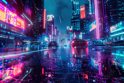 A neon cityscape with a car driving down a wet street, generative ai image.,