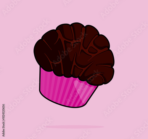 cartoon illustration of fudge dark chocolate brownie cupcake puffs in pink cup. can be used for menu, cover, cafe, restaurant, cookbook, ads, print, poster, website