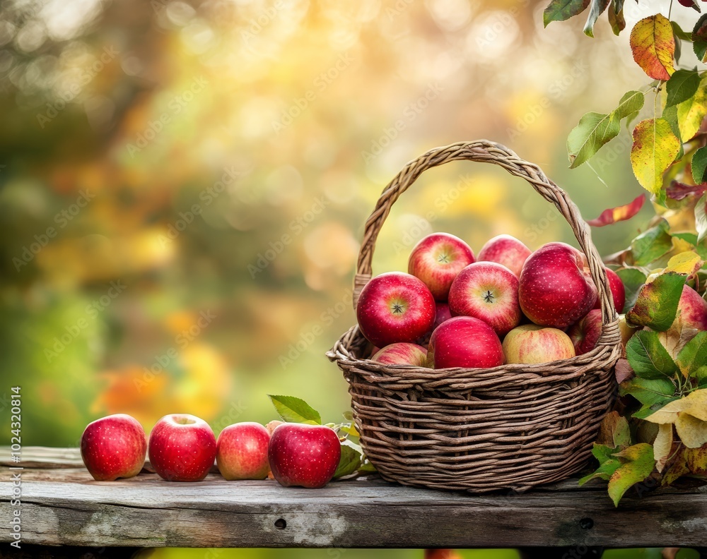 A wicker basket filled with red apples sits on a wooden table in a vibrant autumn setting. A wicker basket filled with red apples sits on a wooden table in a vibrant autumn setting.