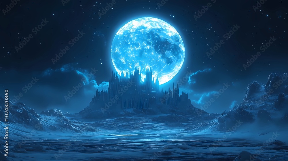 Eerie witch castle illuminated by a full moon at night. Mystical and haunting scene. Eerie witch castle illuminated by a full moon at night. Mystical and haunting scene.