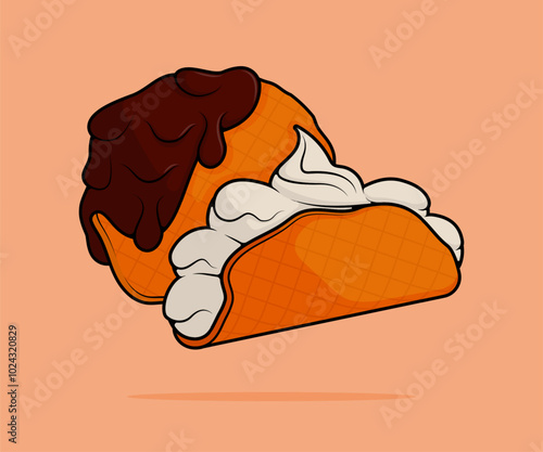 cartoon illustration of waffle cone shaped half circle and flat with vanilla ice cream and coated with choloate. can be used for menu, cover, cafe, restaurant, cookbook, ads, print, poster, website photo