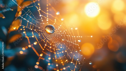 A spiderweb with dew drops in the early morning light. The sun is shining through the web and the water droplets are reflecting the light.