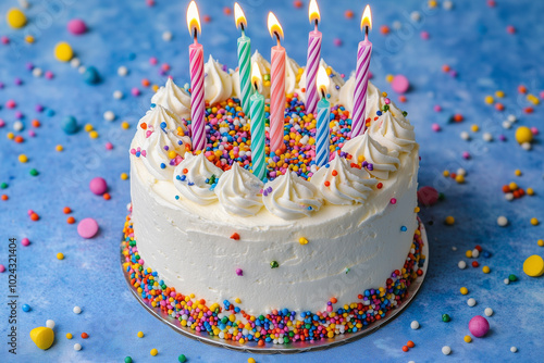 Festive Birthday Cake with Colorful Sprinkles and Candles photo