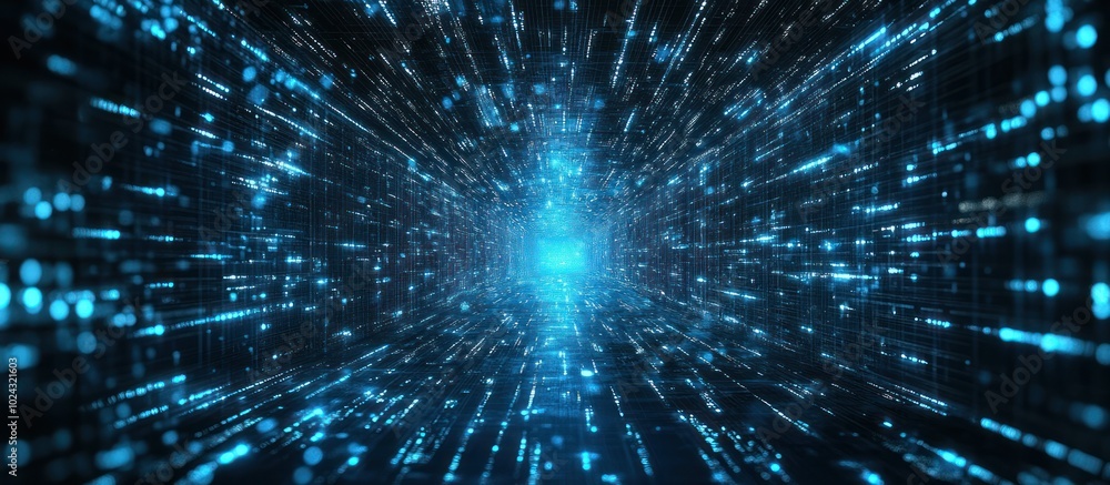 Naklejka premium Abstract digital tunnel with glowing blue lines and particles.