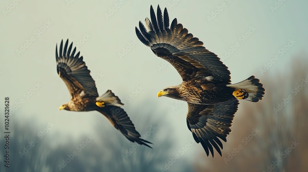 Obraz premium Two White-tailed Eagles in Flight with Blurred Forest Background