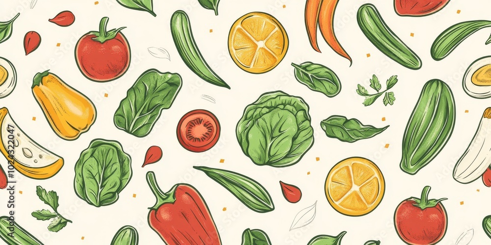 A colorful vegetable pattern with a variety of vegetables including tomatoes A colorful vegetable pattern with a variety of vegetables including tomatoes