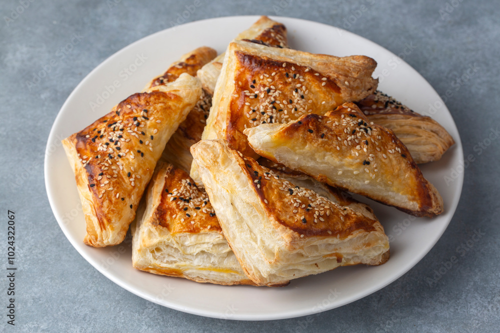 Cheese puff pastry in triangle shape - Turkish name; milfoy borek Cheese puff pastry in triangle shape - Turkish name; milfoy borek