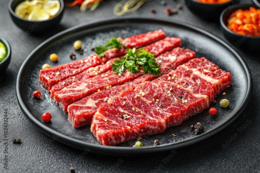 Raw marinated beef strips on a plate. This photo is perfect for illustrating recipes, articles, or websites about Korean BBQ. Raw marinated beef strips on a plate. This photo is perfect for illustrating recipes, articles, or websites about Korean BBQ.