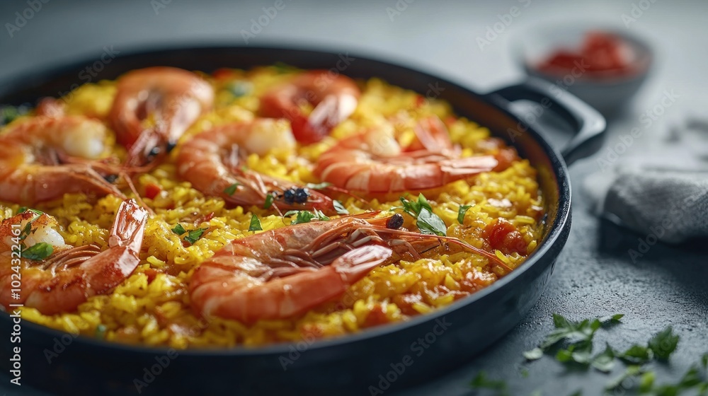 Close-up of Delicious Seafood Paella in a Black Pan Close-up of Delicious Seafood Paella in a Black Pan